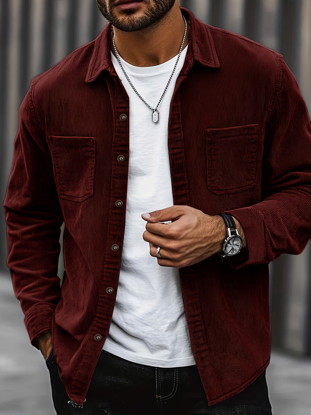 Men's Ribbed Overshirt – Button Front, Pointed Collar
