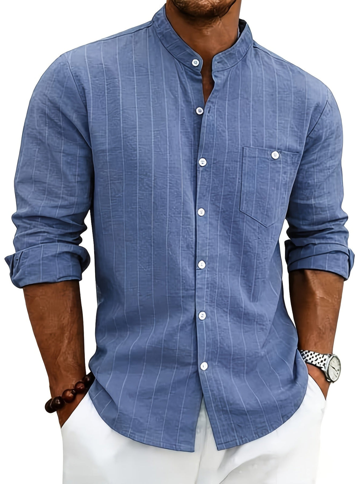Chemise homme rayée - col cubain, poche poitrine, manches courtes