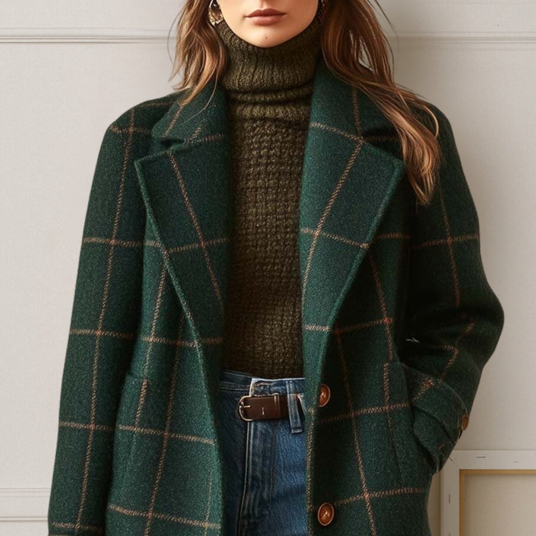 Long manteau à carreaux femme - col à revers, boutonnage devant