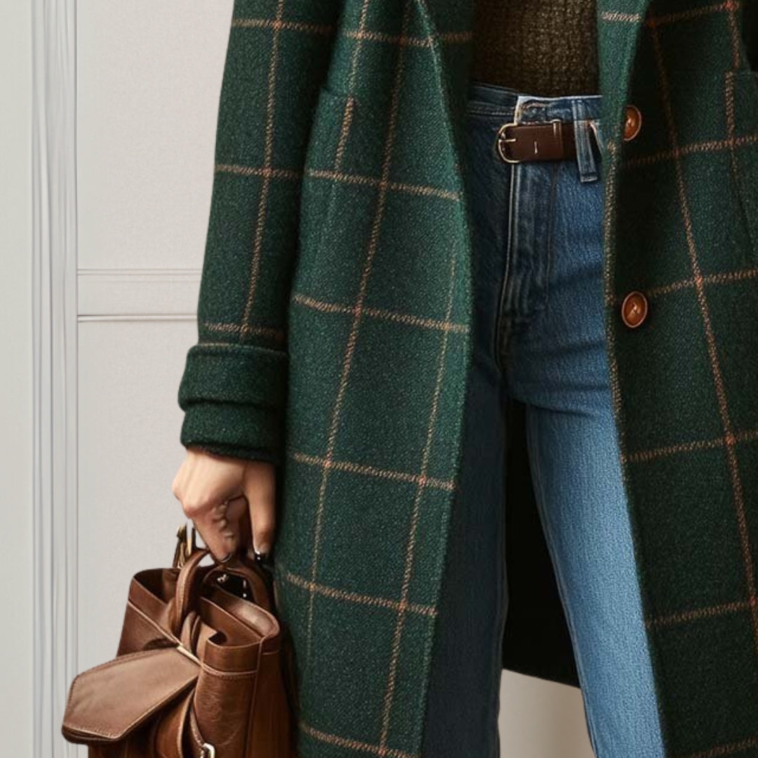 Long manteau à carreaux femme - col à revers, boutonnage devant