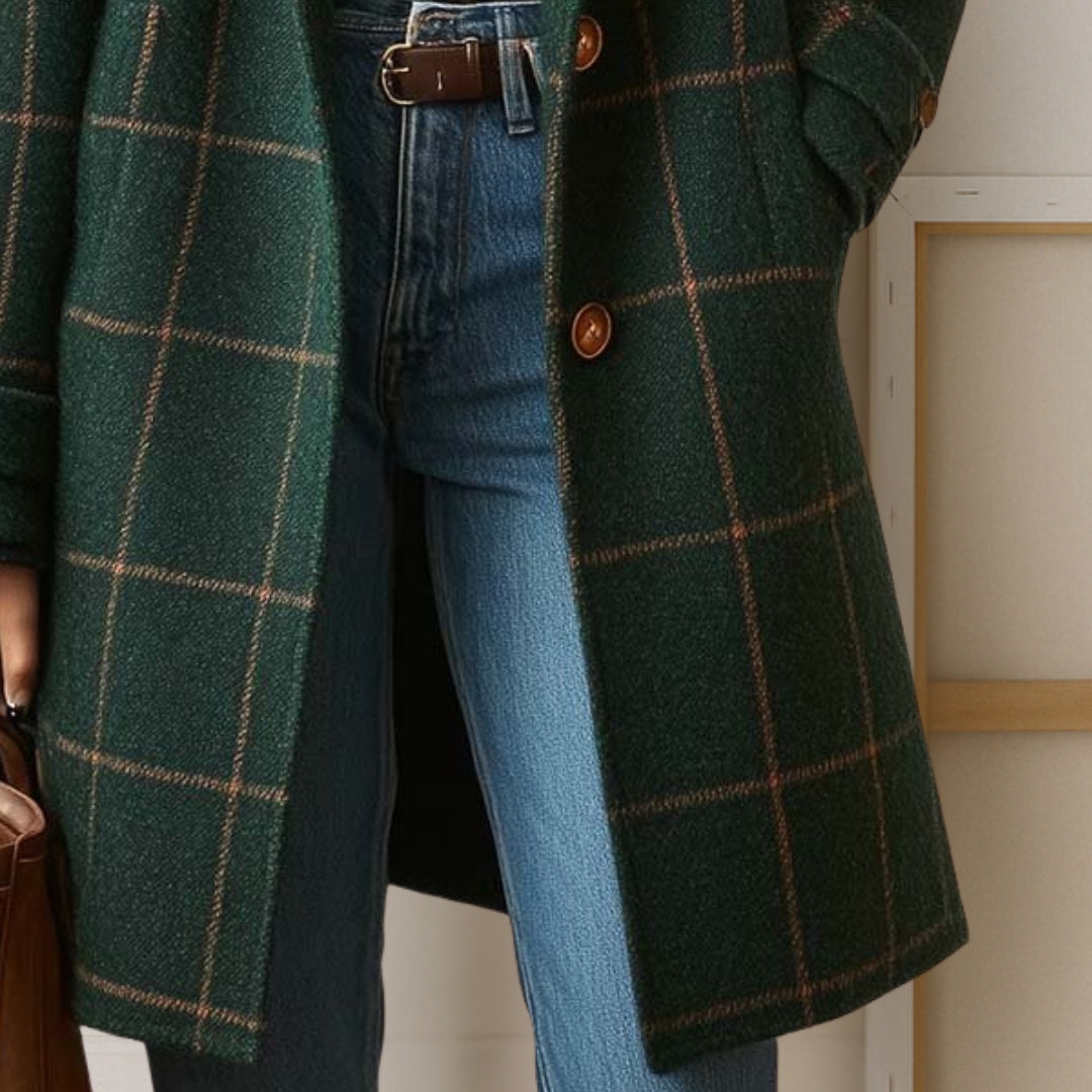 Long manteau à carreaux femme - col à revers, boutonnage devant