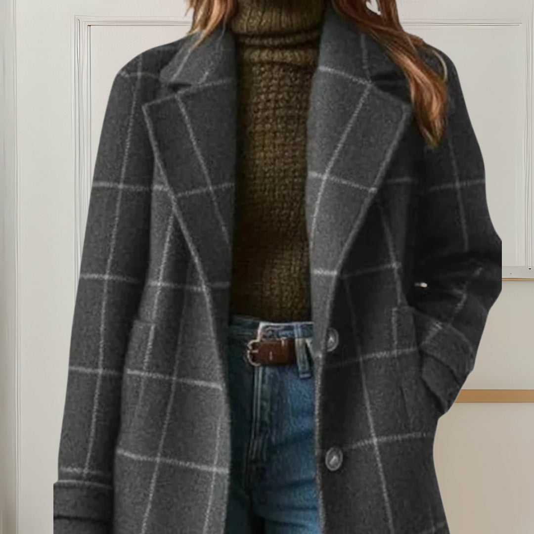 Long manteau à carreaux femme - col à revers, boutonnage devant