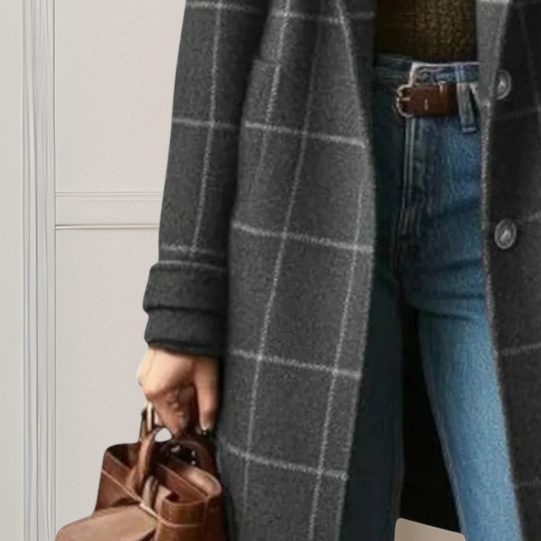 Long manteau à carreaux femme - col à revers, boutonnage devant