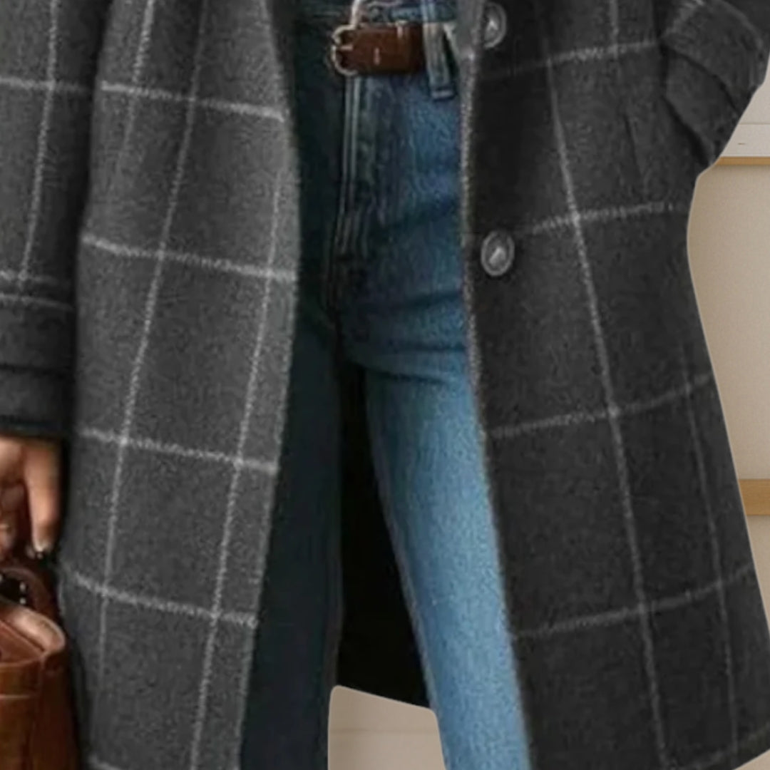 Long manteau à carreaux femme - col à revers, boutonnage devant