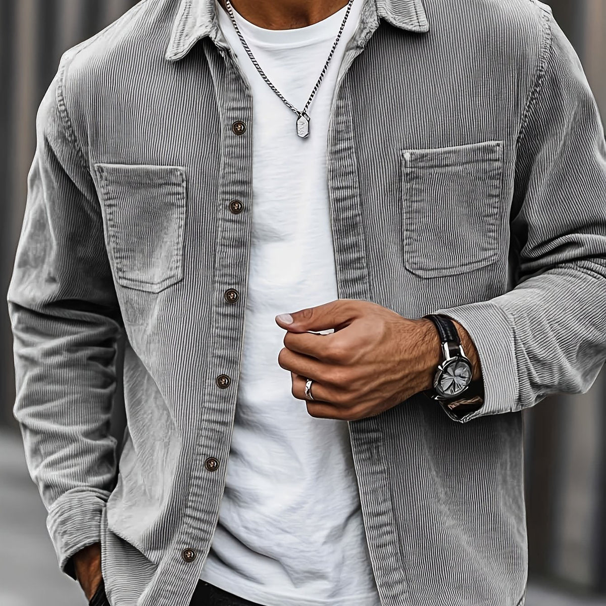 Men's Ribbed Overshirt – Button Front, Pointed Collar