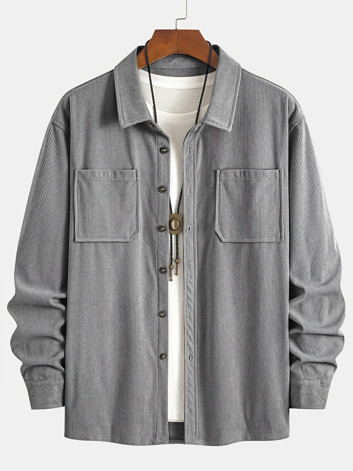 Men's Ribbed Overshirt – Button Front, Pointed Collar