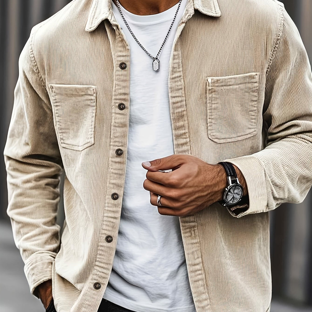 Men's Ribbed Overshirt – Button Front, Pointed Collar
