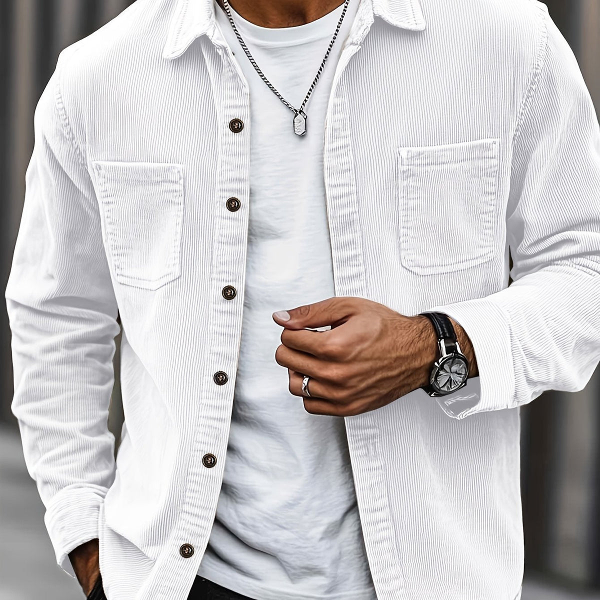 Men's Ribbed Overshirt – Button Front, Pointed Collar