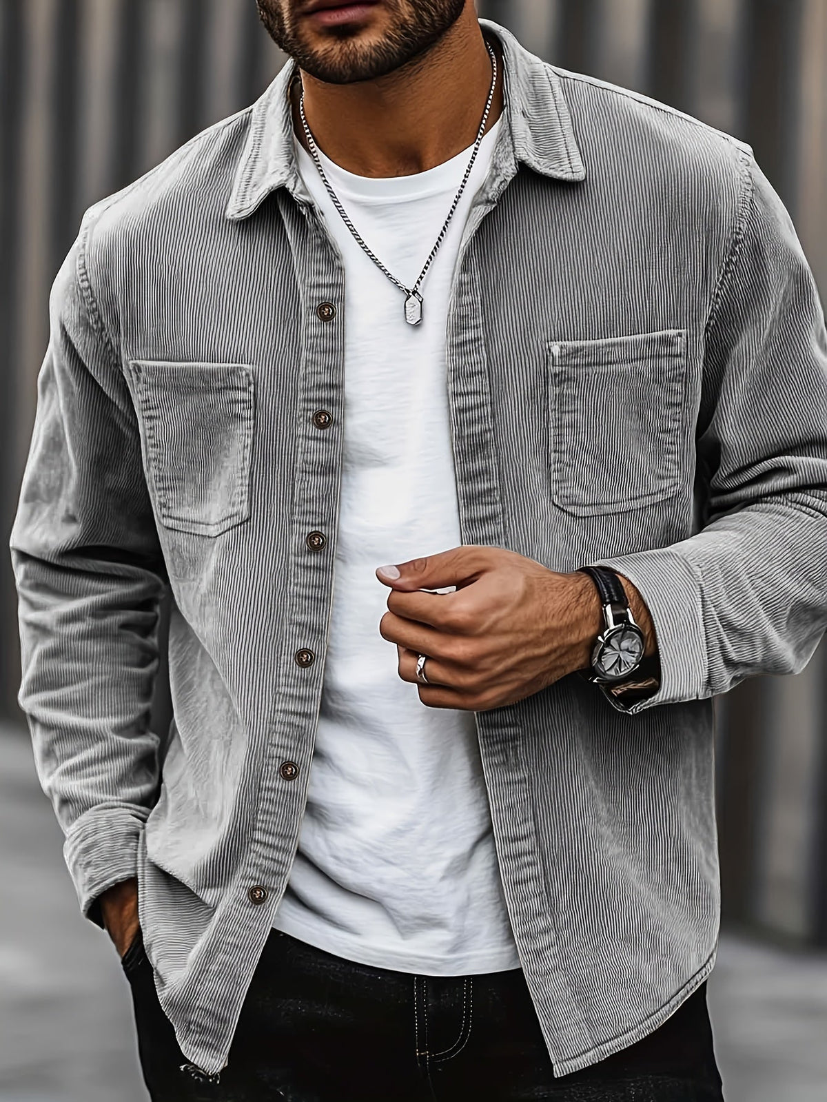 Men's Ribbed Overshirt – Button Front, Pointed Collar
