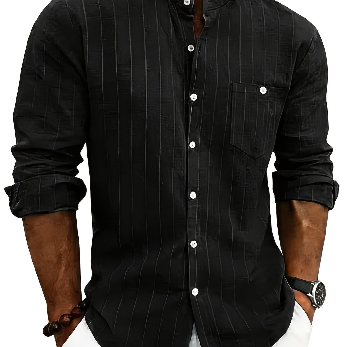 Chemise homme rayée - col cubain, poche poitrine, manches courtes