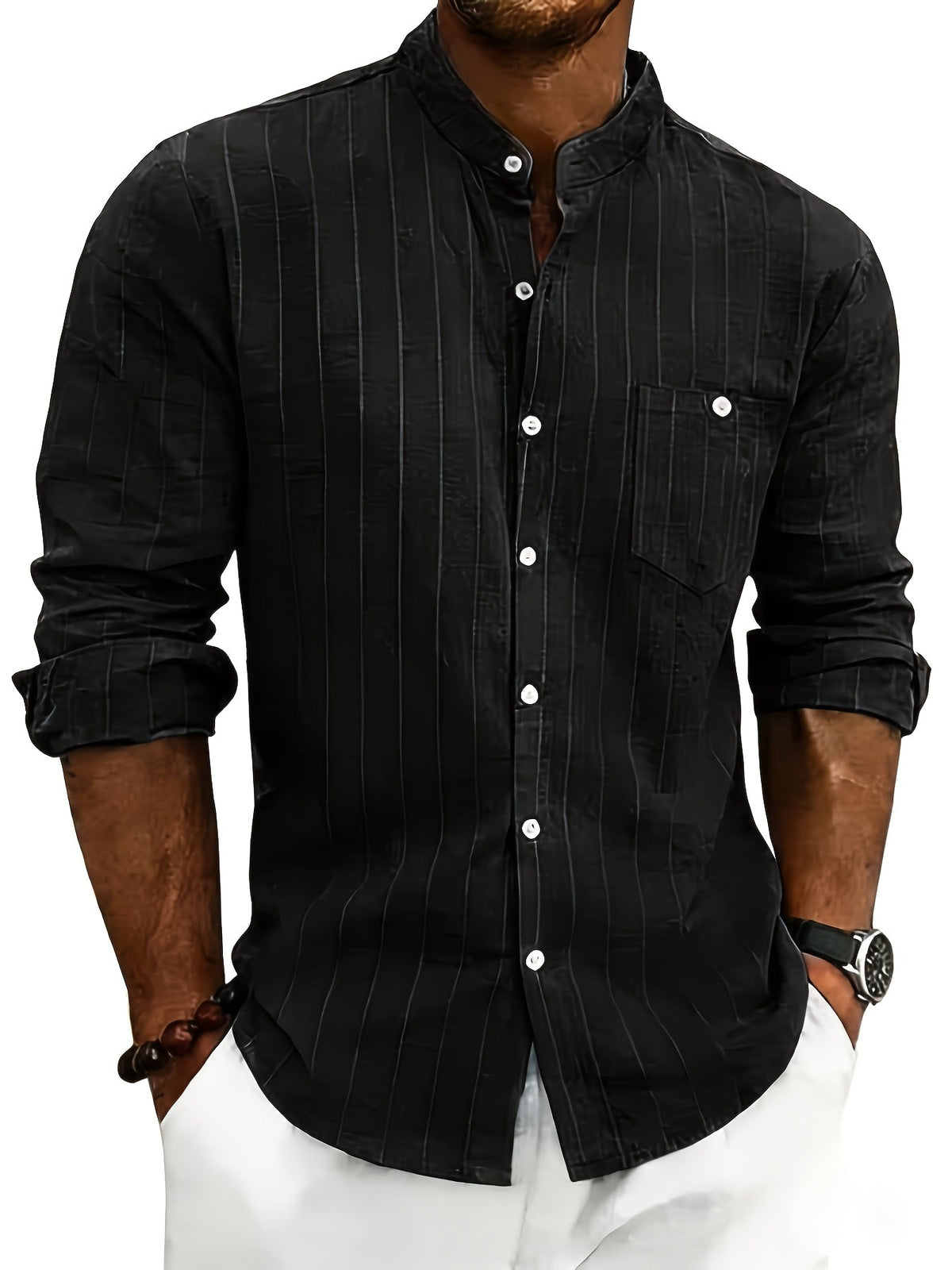 Chemise homme rayée - col cubain, poche poitrine, manches courtes