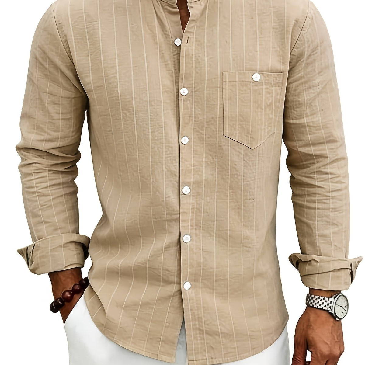 Chemise homme rayée - col cubain, poche poitrine, manches courtes