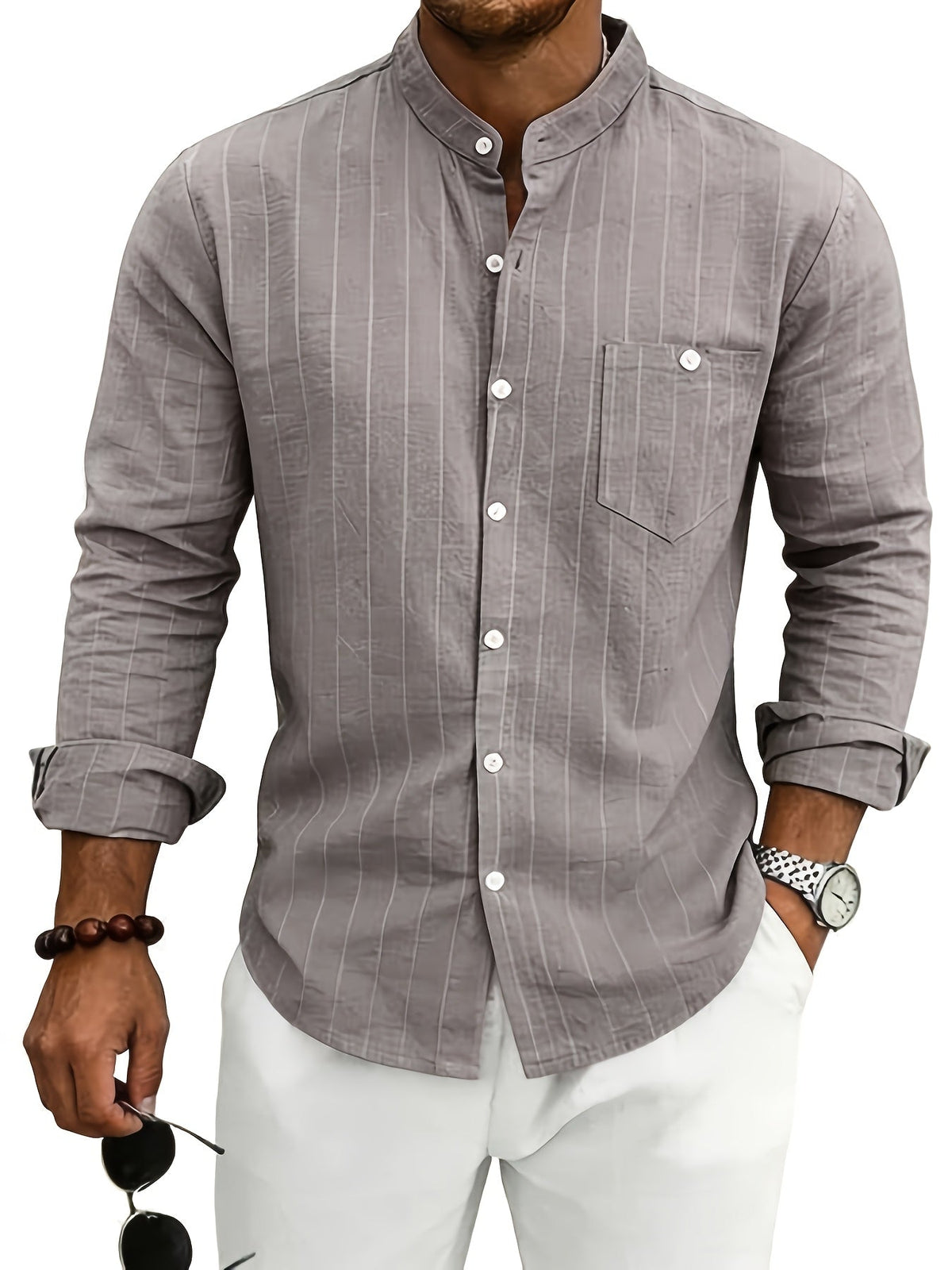 Chemise homme rayée - col cubain, poche poitrine, manches courtes