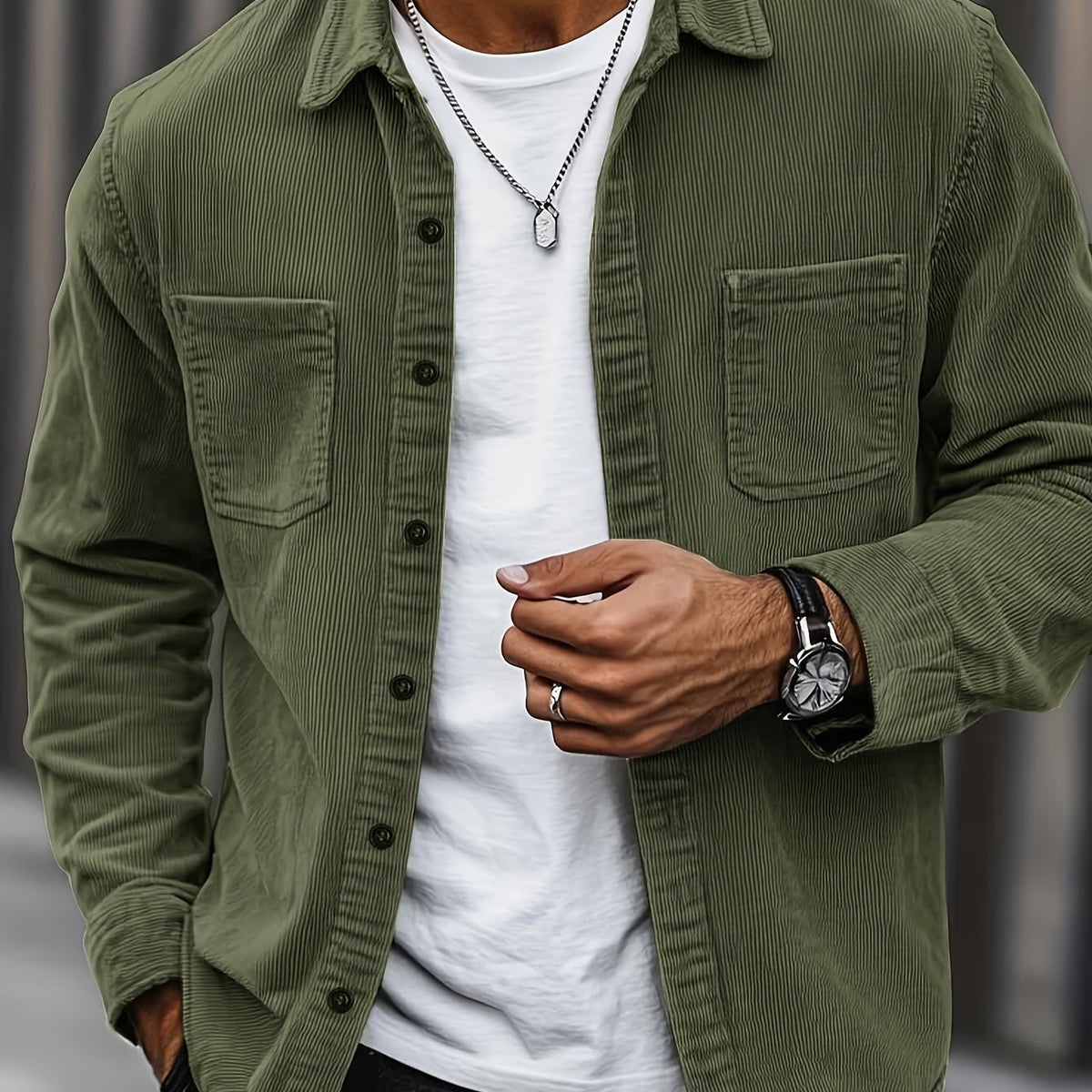 Men's Ribbed Overshirt – Button Front, Pointed Collar