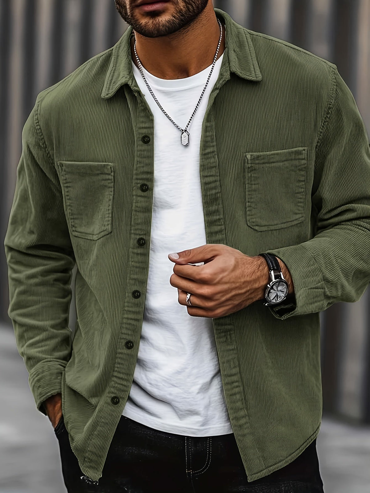 Men's Ribbed Overshirt – Button Front, Pointed Collar