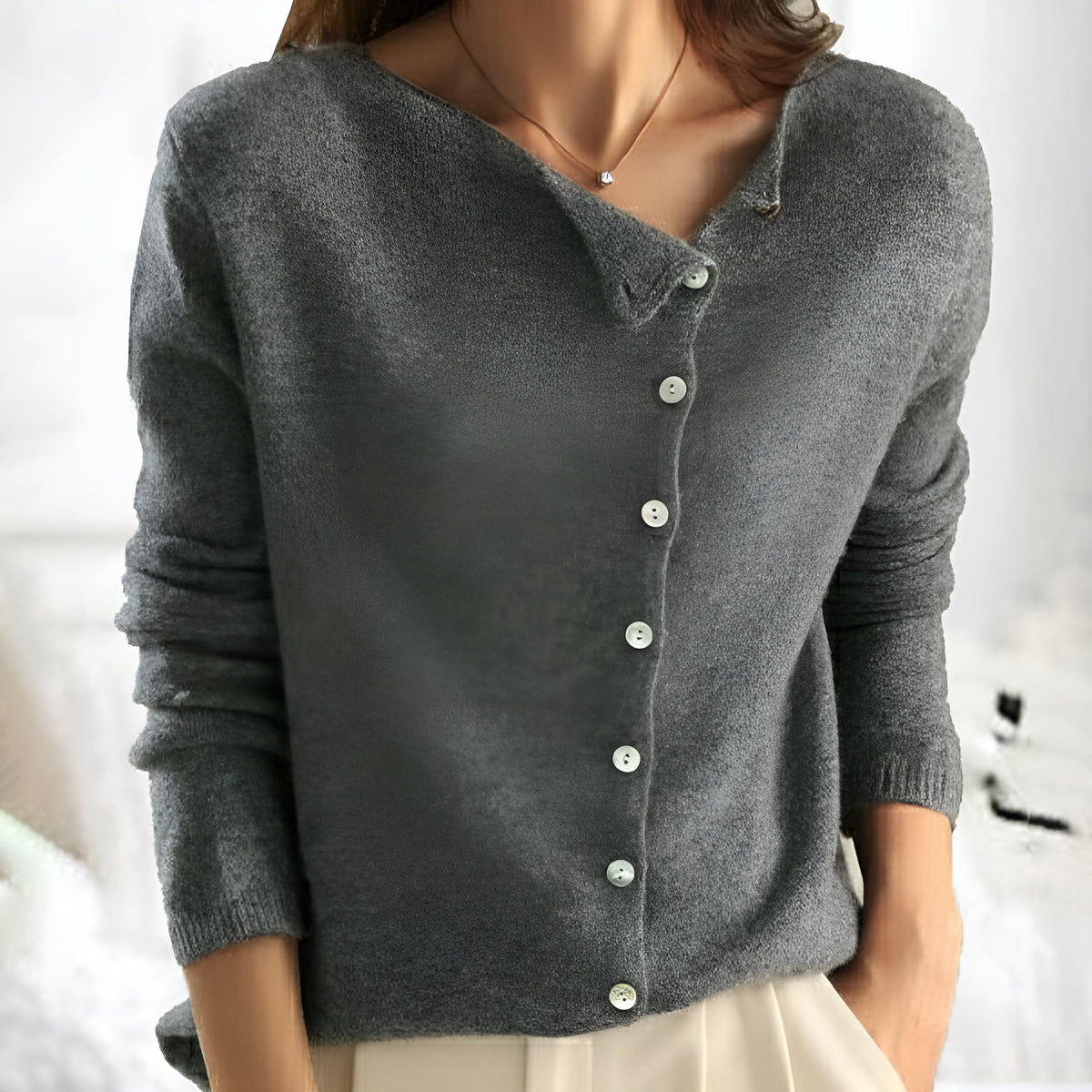 Women's Fitted Knit Cardigan – Long Sleeve, Ribbed Trims