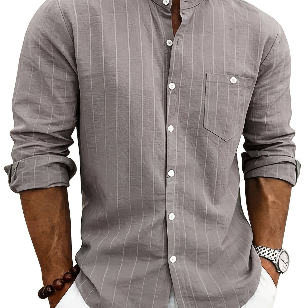 Chemise homme rayée - col cubain, poche poitrine, manches courtes