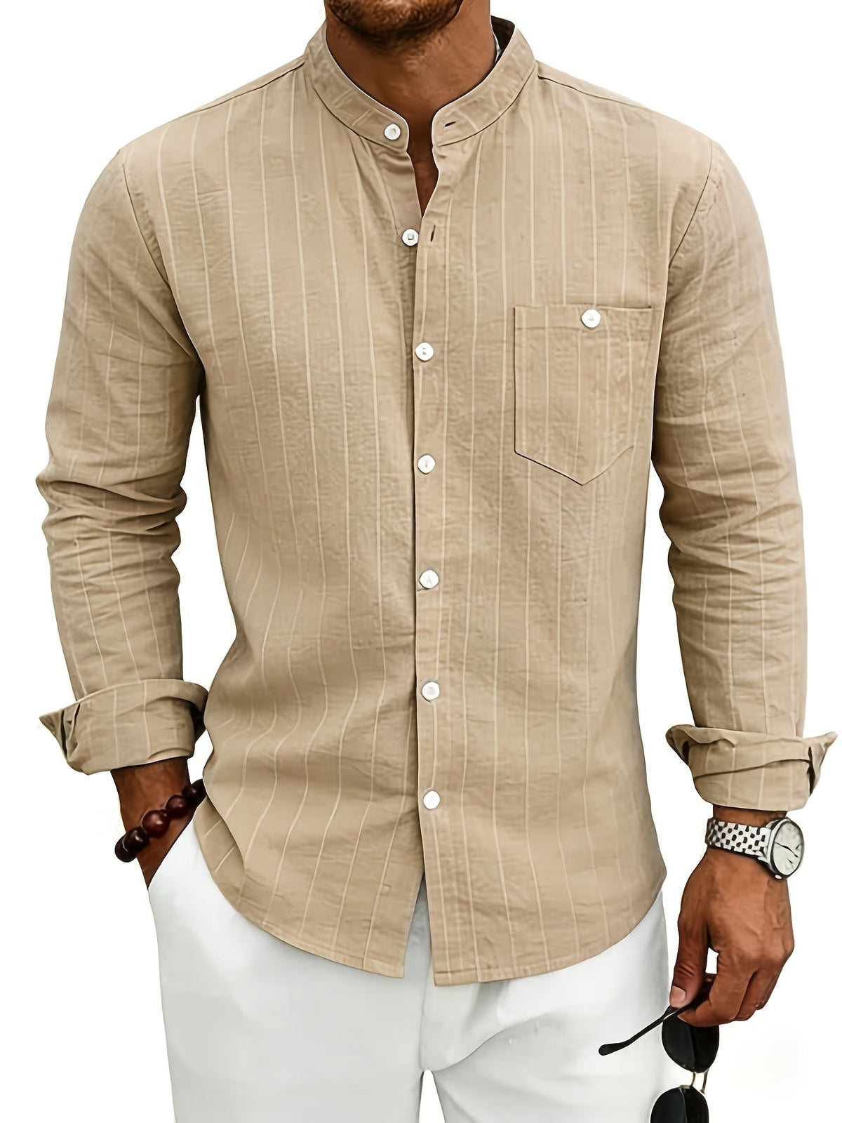 Chemise homme rayée - col cubain, poche poitrine, manches courtes