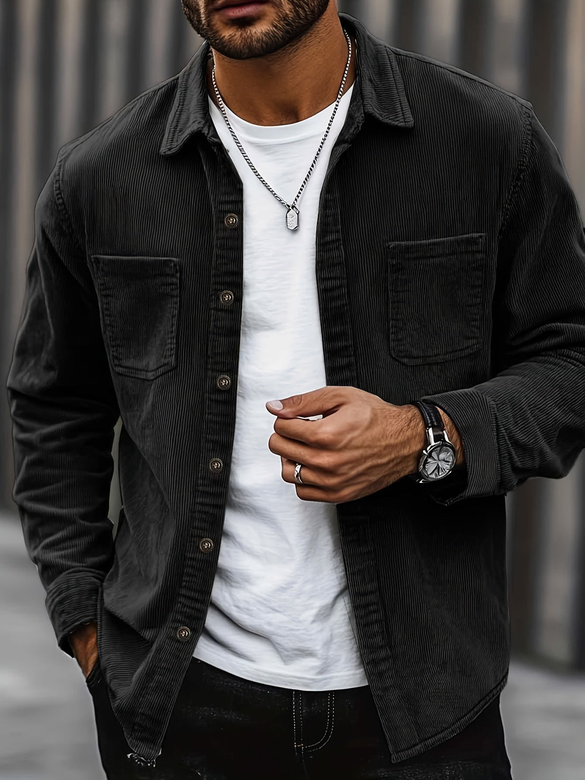 Men's Ribbed Overshirt – Button Front, Pointed Collar
