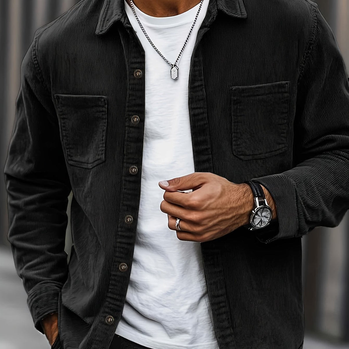 Men's Ribbed Overshirt – Button Front, Pointed Collar