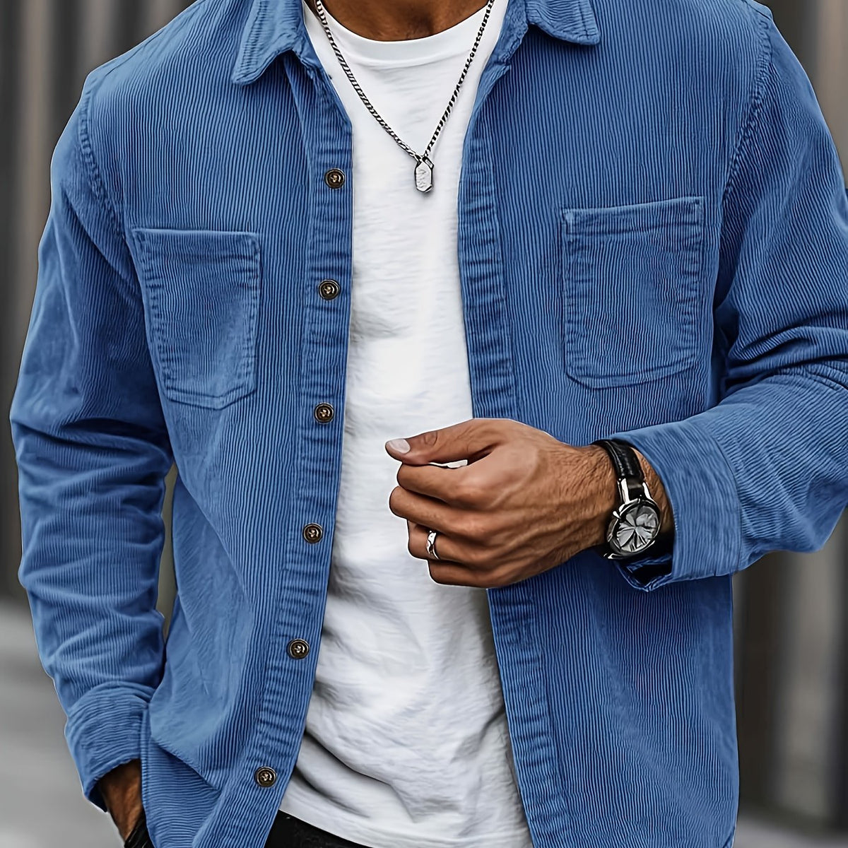 Men's Ribbed Overshirt – Button Front, Pointed Collar