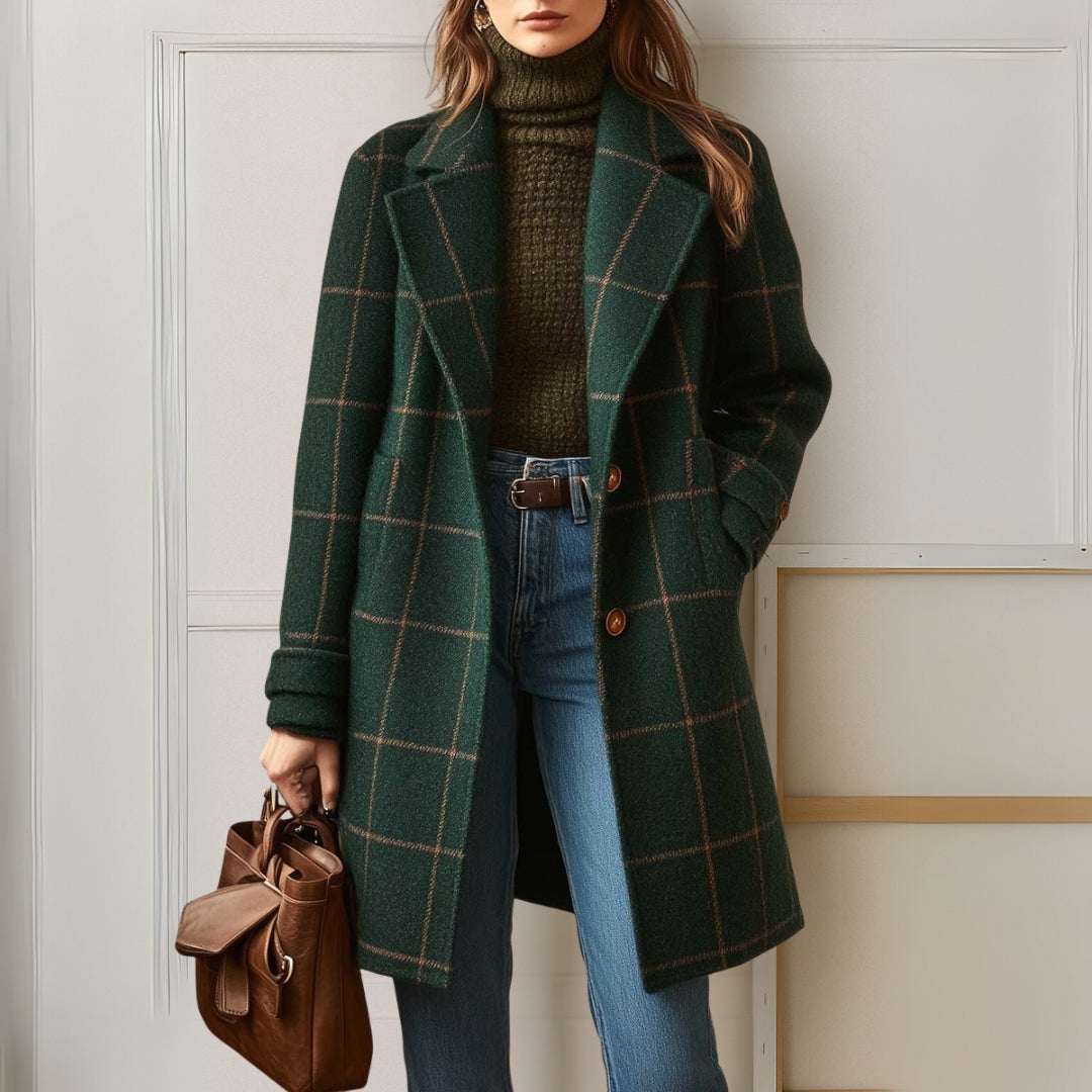 Long manteau à carreaux femme - col à revers, boutonnage devant