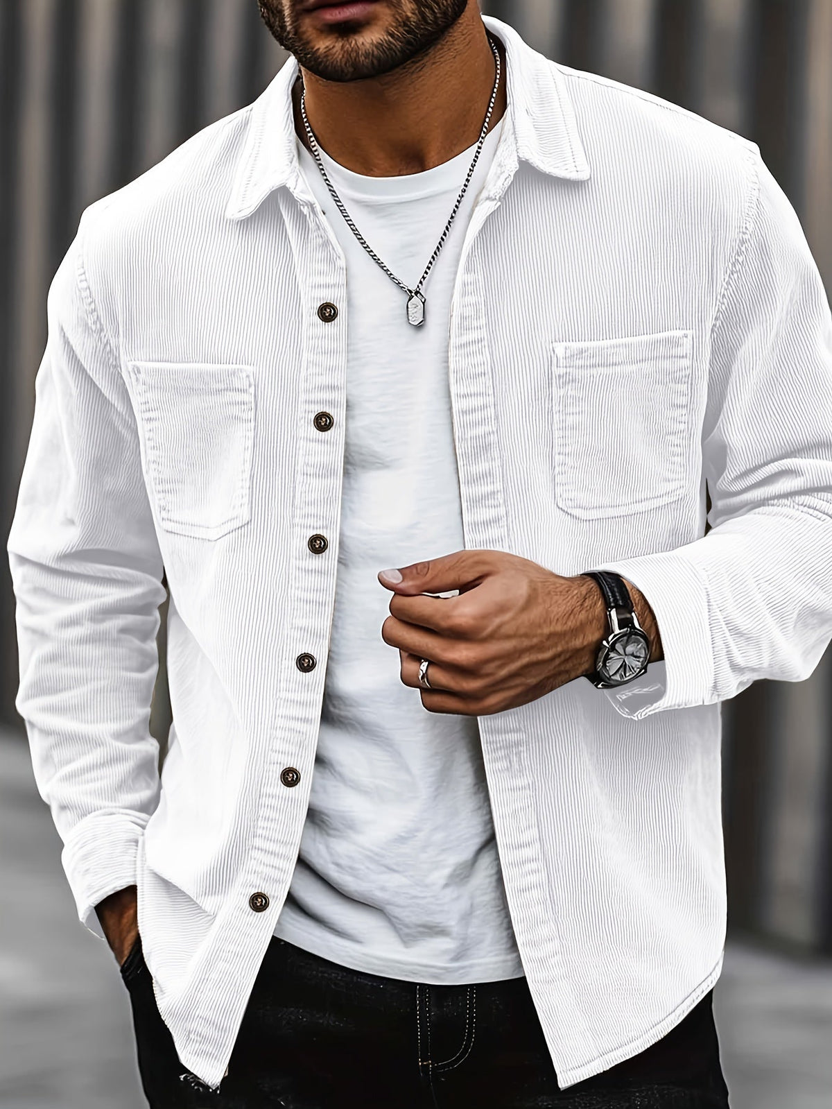 Men's Ribbed Overshirt – Button Front, Pointed Collar