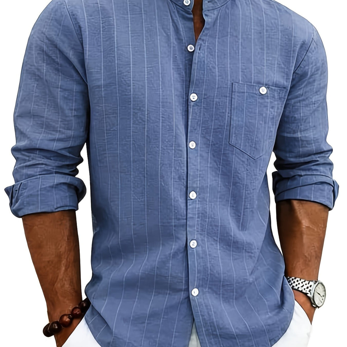 Chemise homme rayée - col cubain, poche poitrine, manches courtes