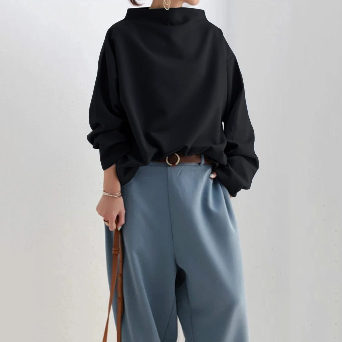 Women's High-Neck Knit Top – Long Sleeve, Relaxed Fit