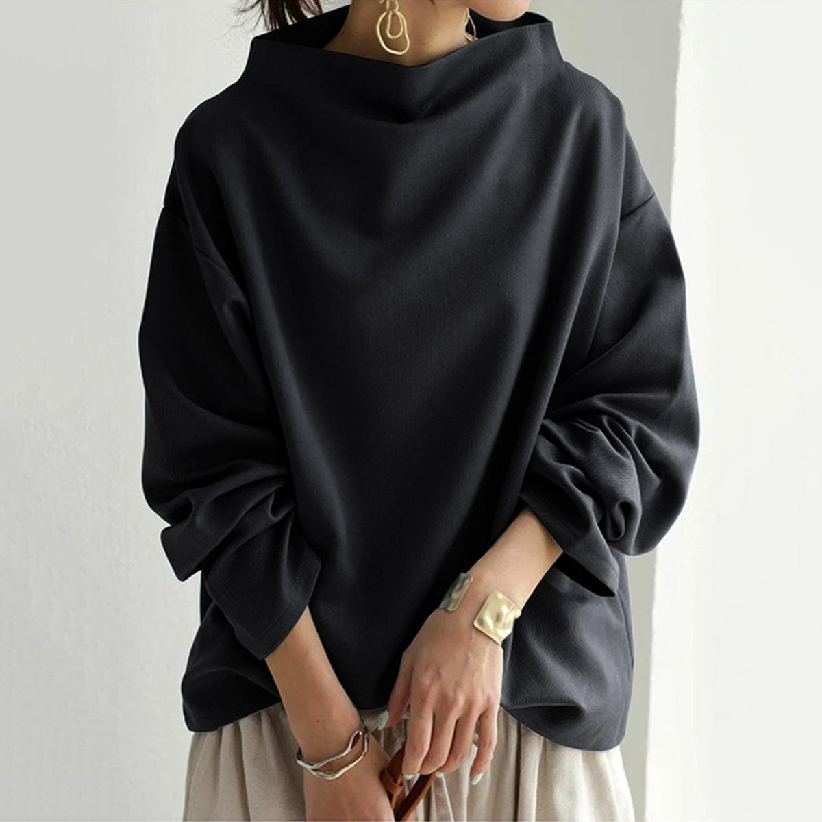 Women's High-Neck Knit Top – Long Sleeve, Relaxed Fit