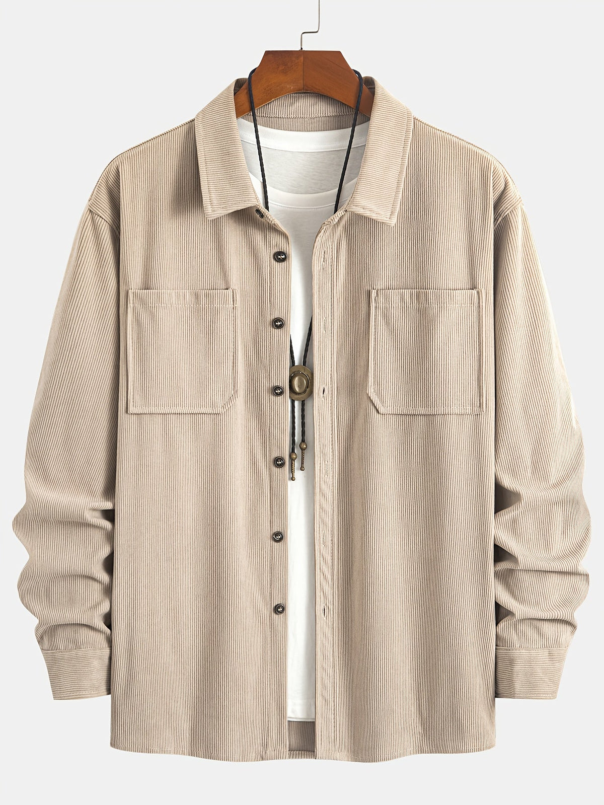 Men's Ribbed Overshirt – Button Front, Pointed Collar