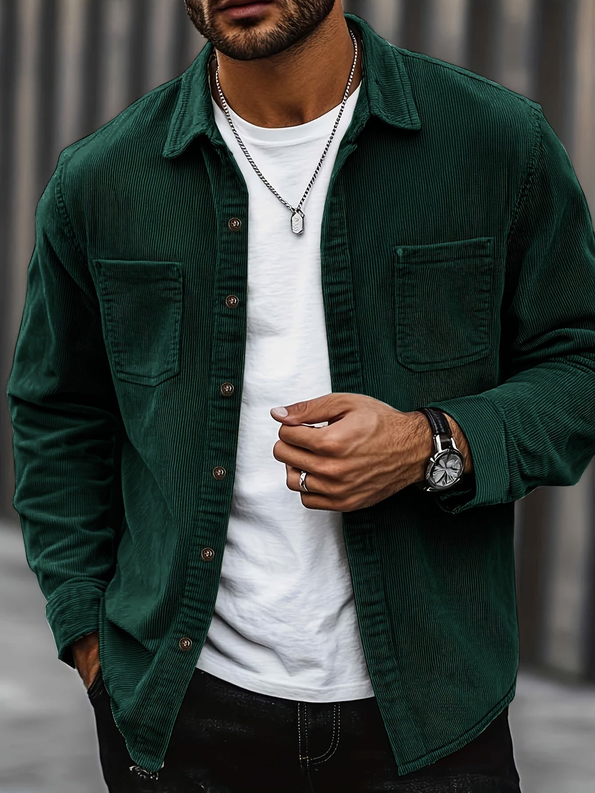 Men's Ribbed Overshirt – Button Front, Pointed Collar