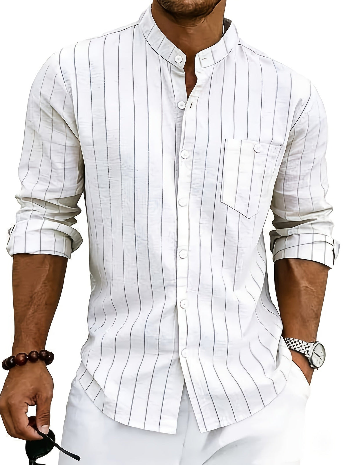 Chemise homme rayée - col cubain, poche poitrine, manches courtes