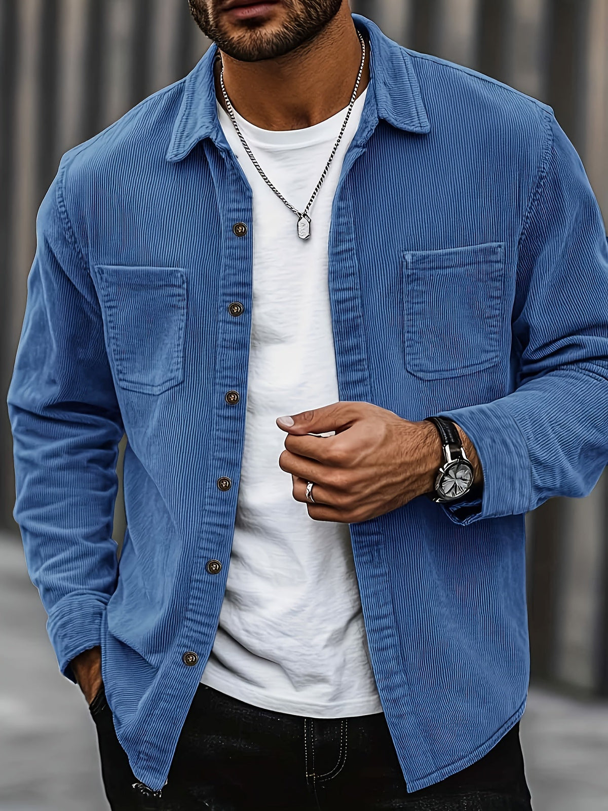 Men's Ribbed Overshirt – Button Front, Pointed Collar