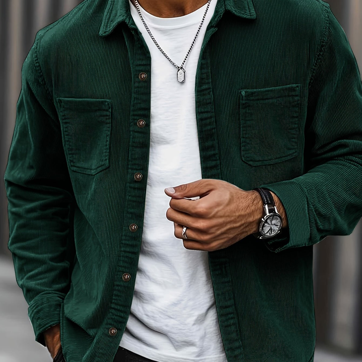 Men's Ribbed Overshirt – Button Front, Pointed Collar