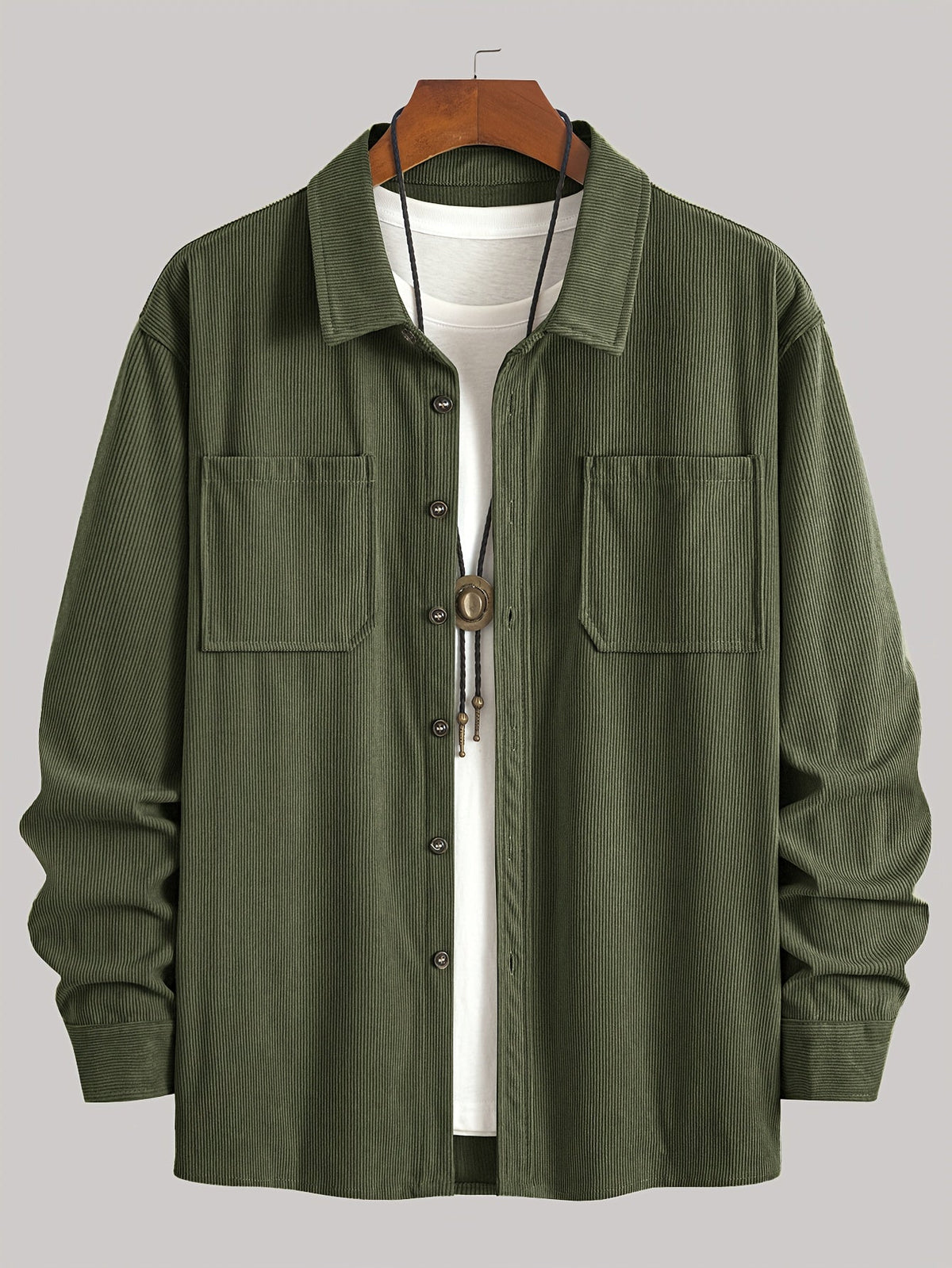 Men's Ribbed Overshirt – Button Front, Pointed Collar