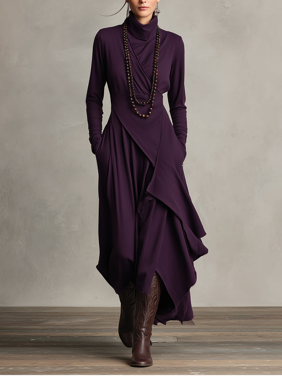 Women's Turtleneck Maxi Dress – Asymmetric Wrap Front, Layered Hem