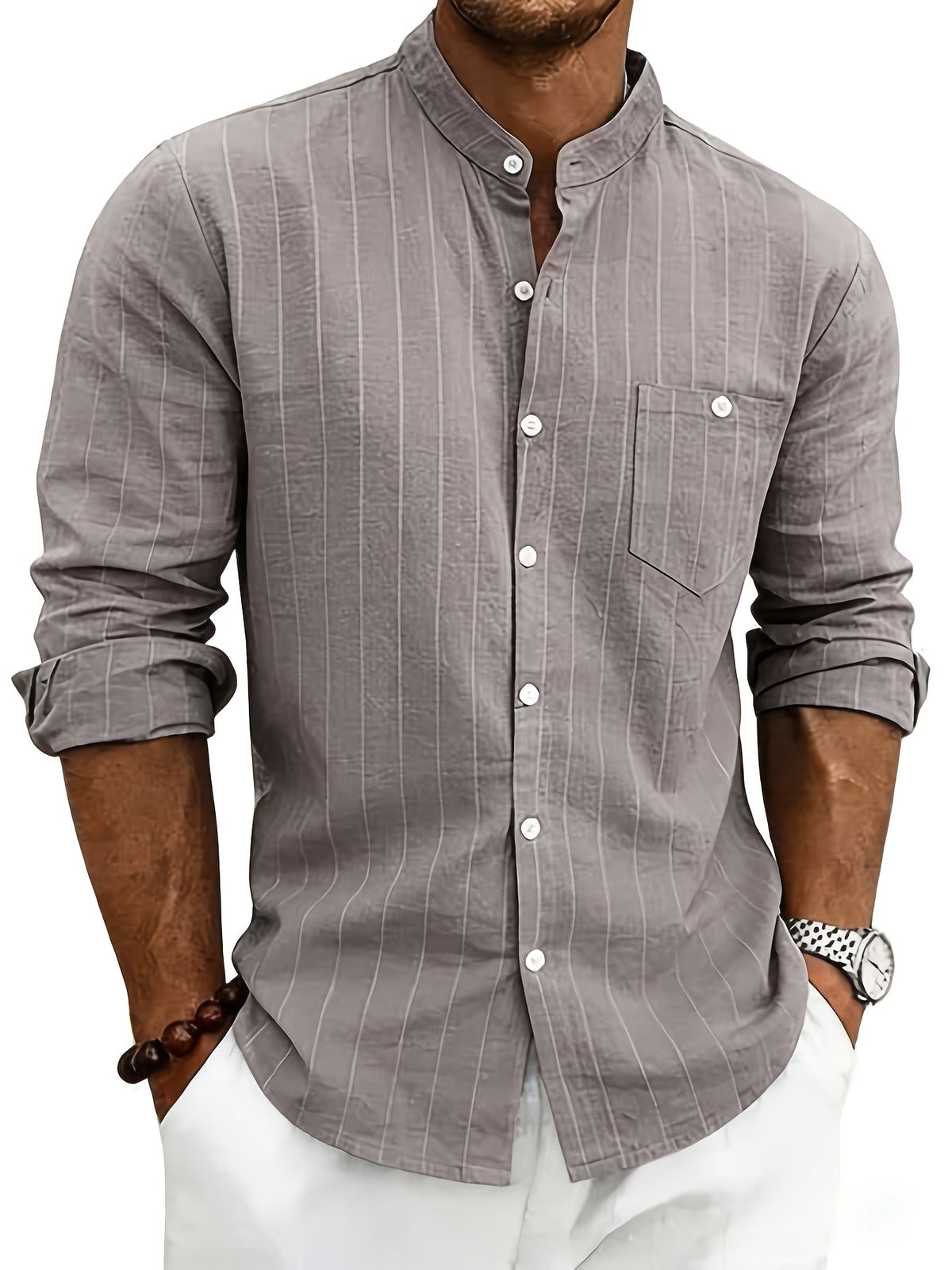 Chemise homme rayée - col cubain, poche poitrine, manches courtes