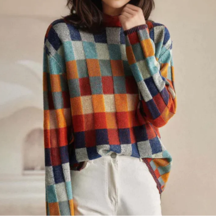 Women's Check Pattern Jumper – Long Sleeve, Relaxed Fit