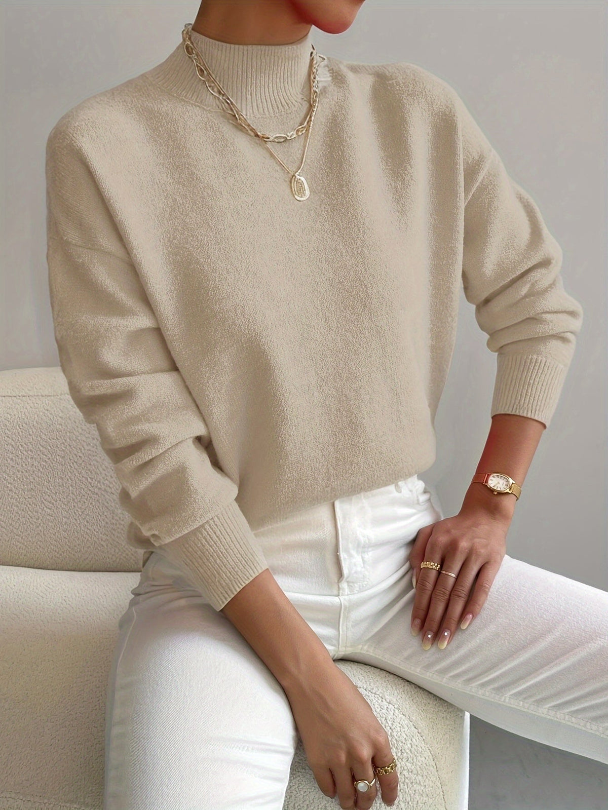 Women's Fitted Turtleneck Jumper – Long Sleeve, Ribbed Cuffs
