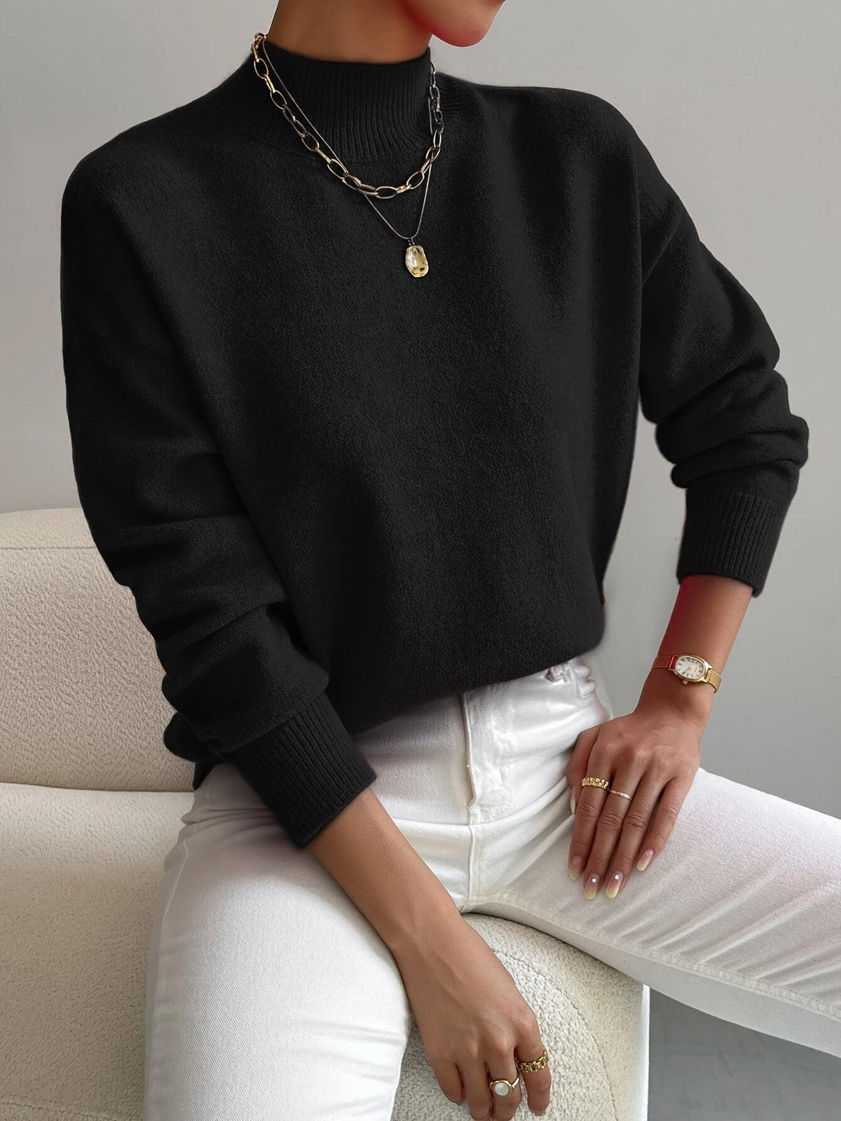 Women's Fitted Turtleneck Jumper – Long Sleeve, Ribbed Cuffs