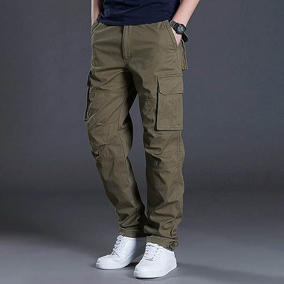 Pantalon cargo homme coupe droite - plusieurs poches, taille boutonnée