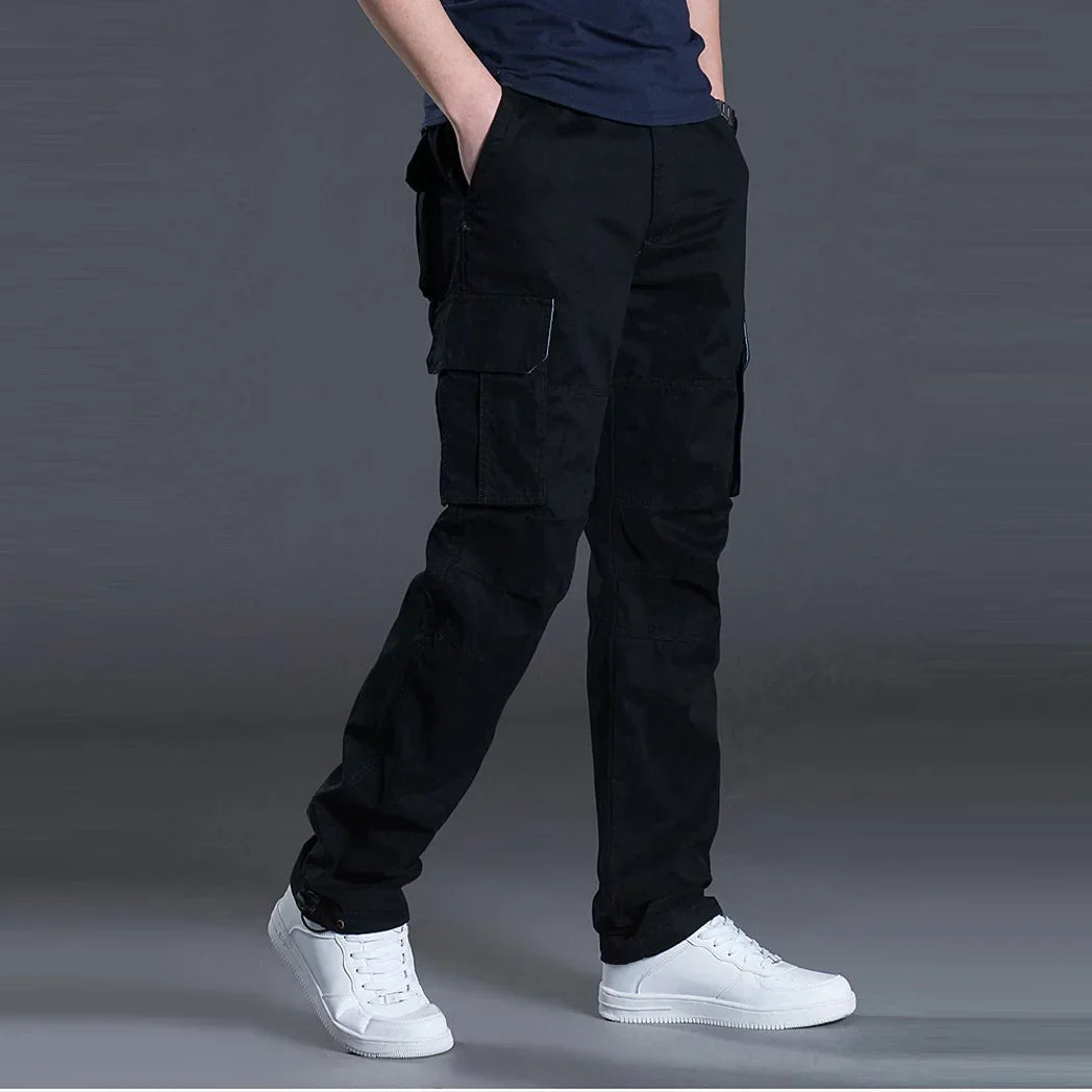 Pantalon cargo homme coupe droite - plusieurs poches, taille boutonnée
