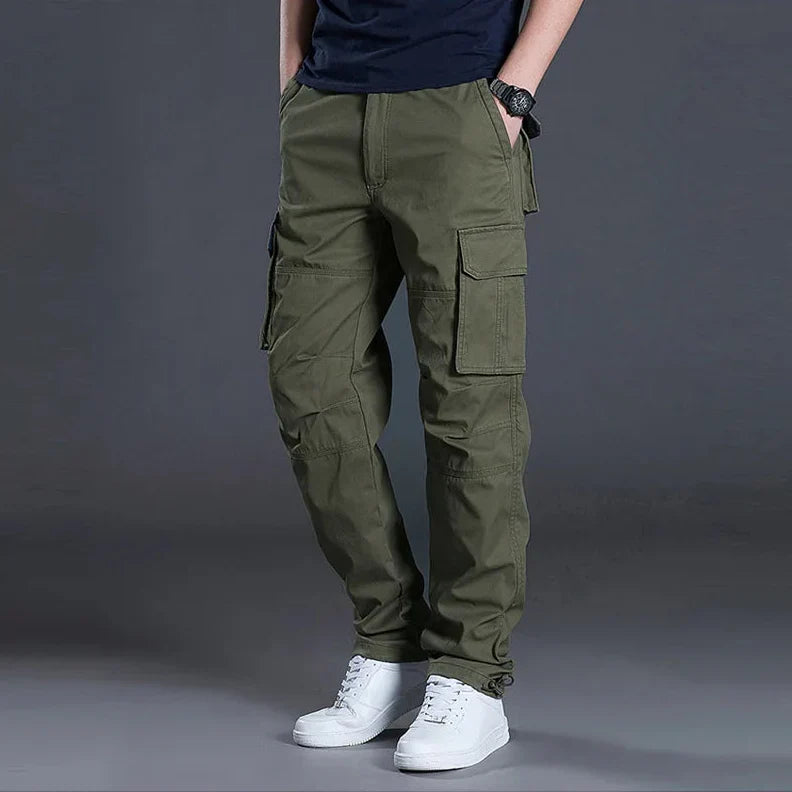 Pantalon cargo homme coupe droite - plusieurs poches, taille boutonnée