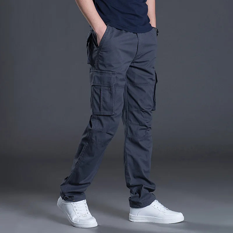 Pantalon cargo homme coupe droite - plusieurs poches, taille boutonnée