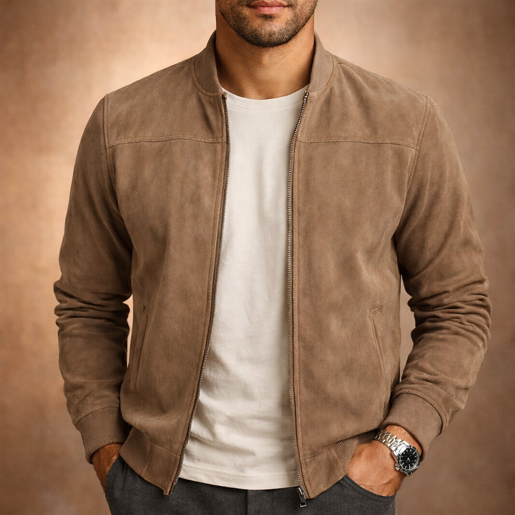Men's bomber jacket with ribbed collar and zip front, front view