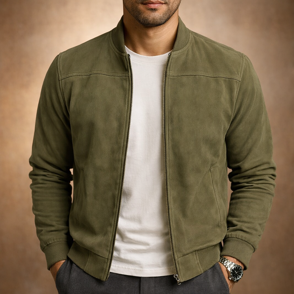 Men's bomber jacket showing slant waist pockets and ribbed cuffs