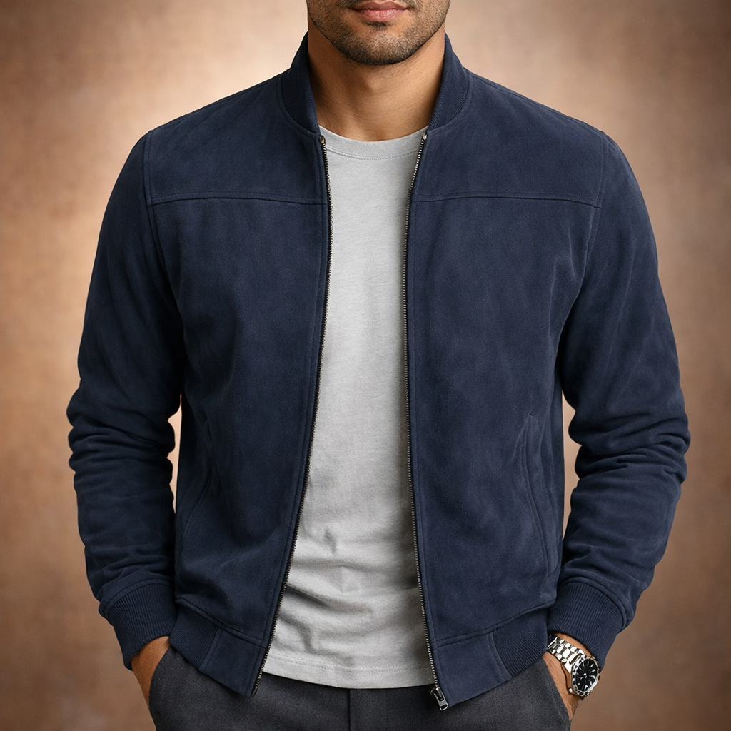 Men's bomber jacket back view with straight hip-length cut