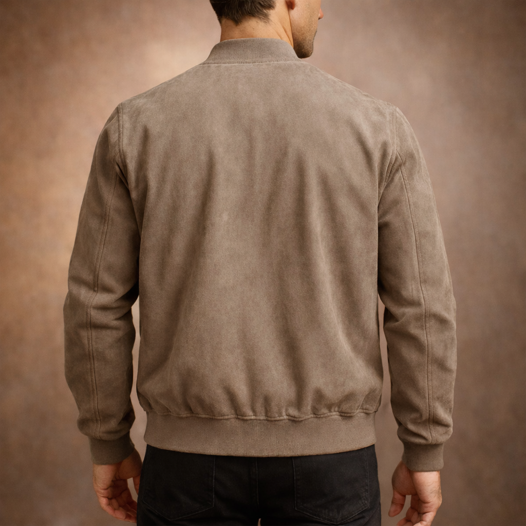Men's bomber jacket close-up of ribbed hem and napped finish