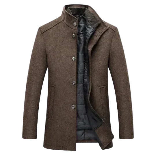 Men's Button-Up Coat with High Collar and Inner Quilted Lining